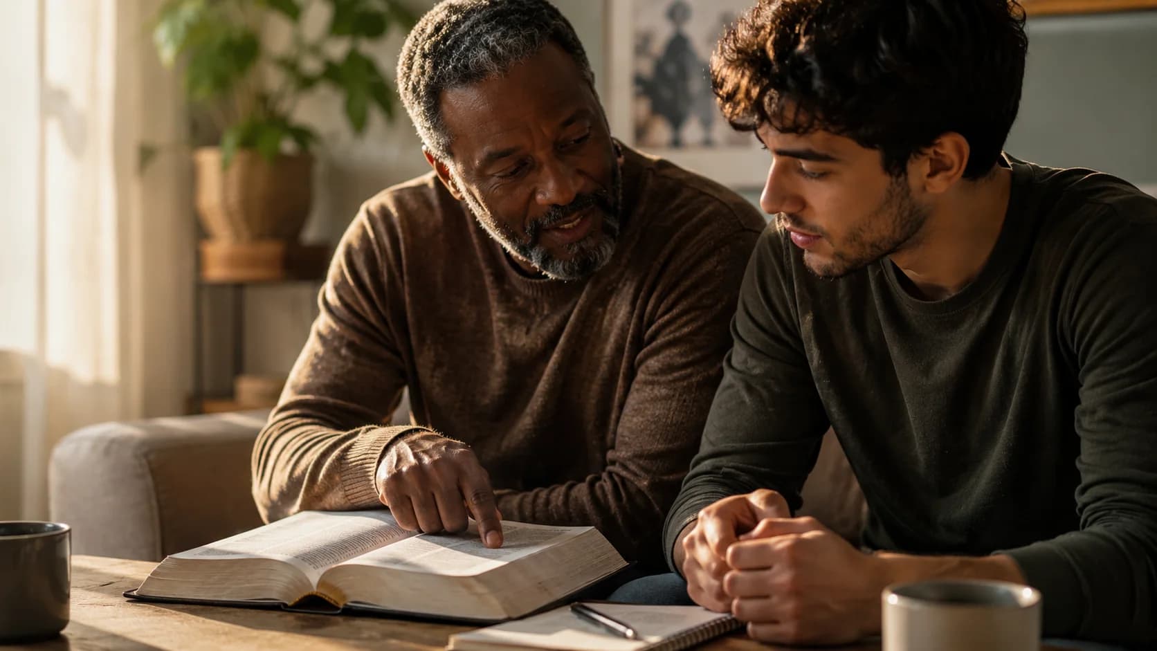 A mentor and a young believer reading the Bible together